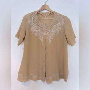 Vintage Blouse - tan with embroidery